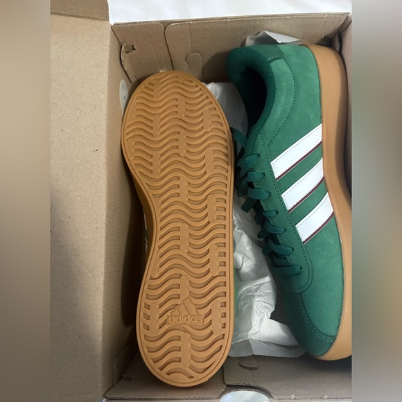 adidas Green Suede Sneakers with White Stripes and Gum Sole - Picture 2 of 3